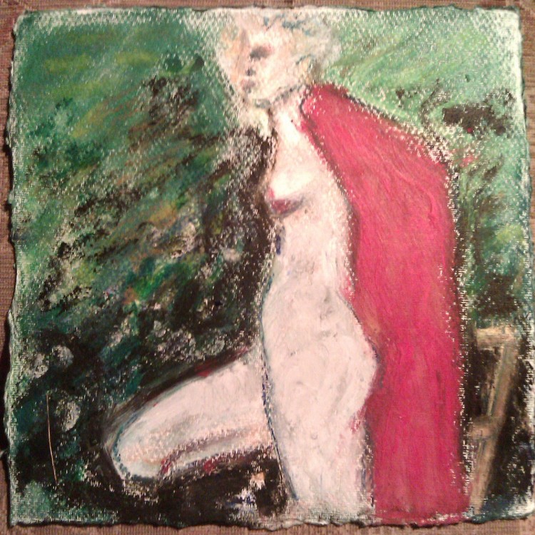 Posing in a garden in South East London, a warm evening and a red shawl. Pastel by Arnie